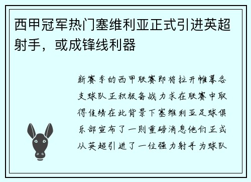 西甲冠军热门塞维利亚正式引进英超射手，或成锋线利器